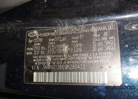 2009 Hyundai Santa Fe Gls из США, поврежденный, VIN 5NMSG13D69H280433